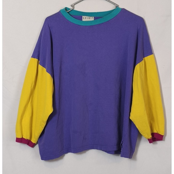Spirit Activewear Tops - Vintage 80s/90s Spirit Activewear Color Block Shirt USA made Sz Lg Thrashed